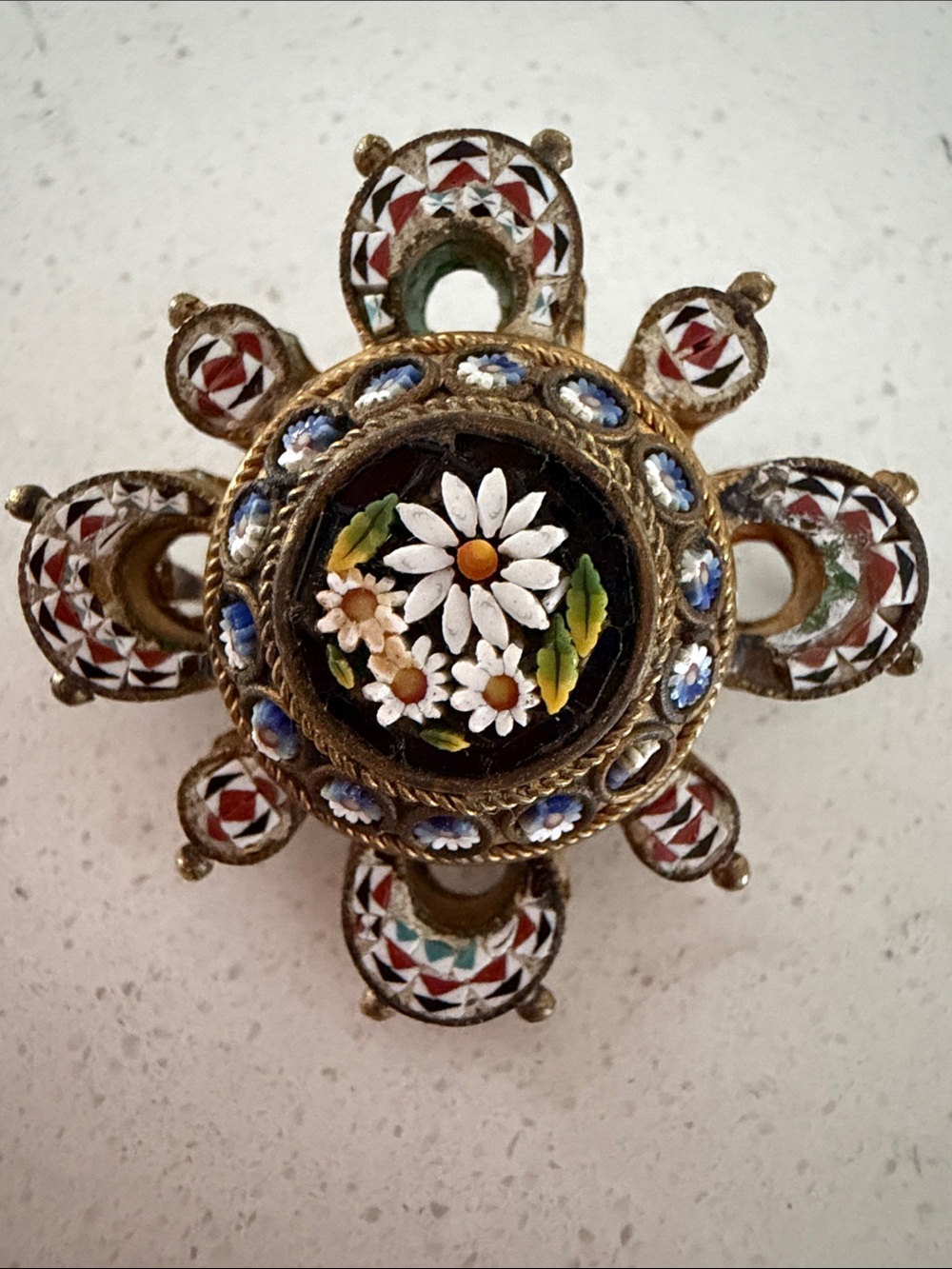Handcrafted Floral Micro-Mosaic Italy Brooch in Gold Blue White and Black
